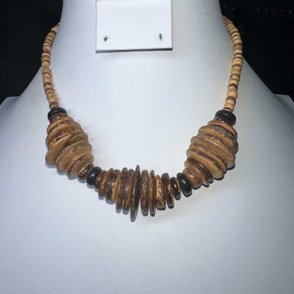 Vintage Graduated Wood Disc Bead Boho Statement Necklace
